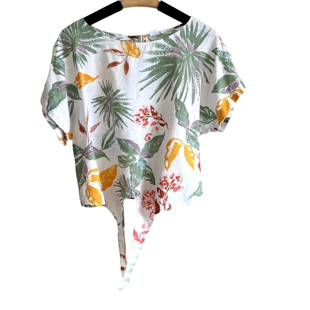Gap Linen Blend Tropical Tie Front Top Sz M White Palm Leaf Summer Beachy Boho